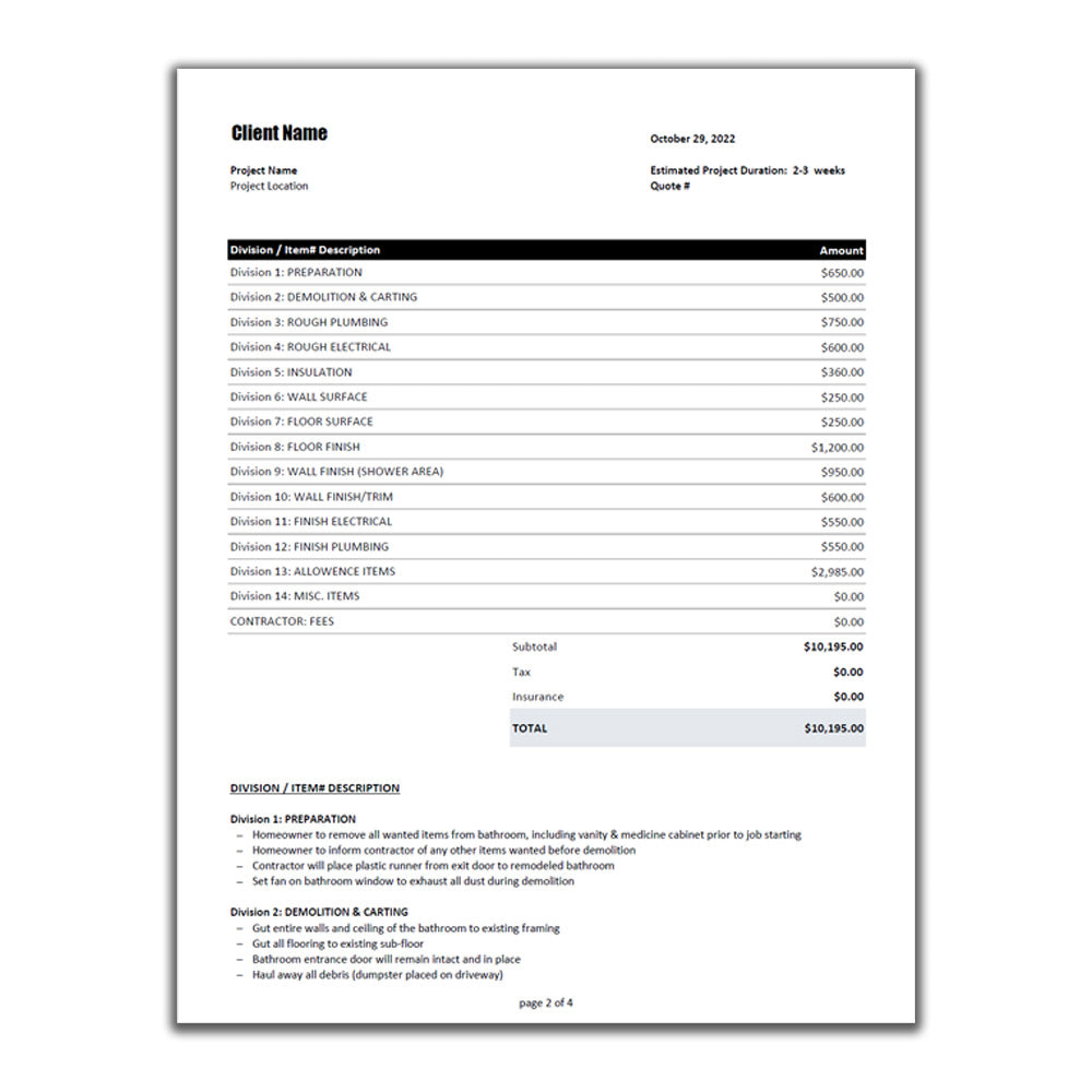 Bathroom Renovation Estimate Template Design 1 | Remodeling Estimate | Excel Template | Invoice Template