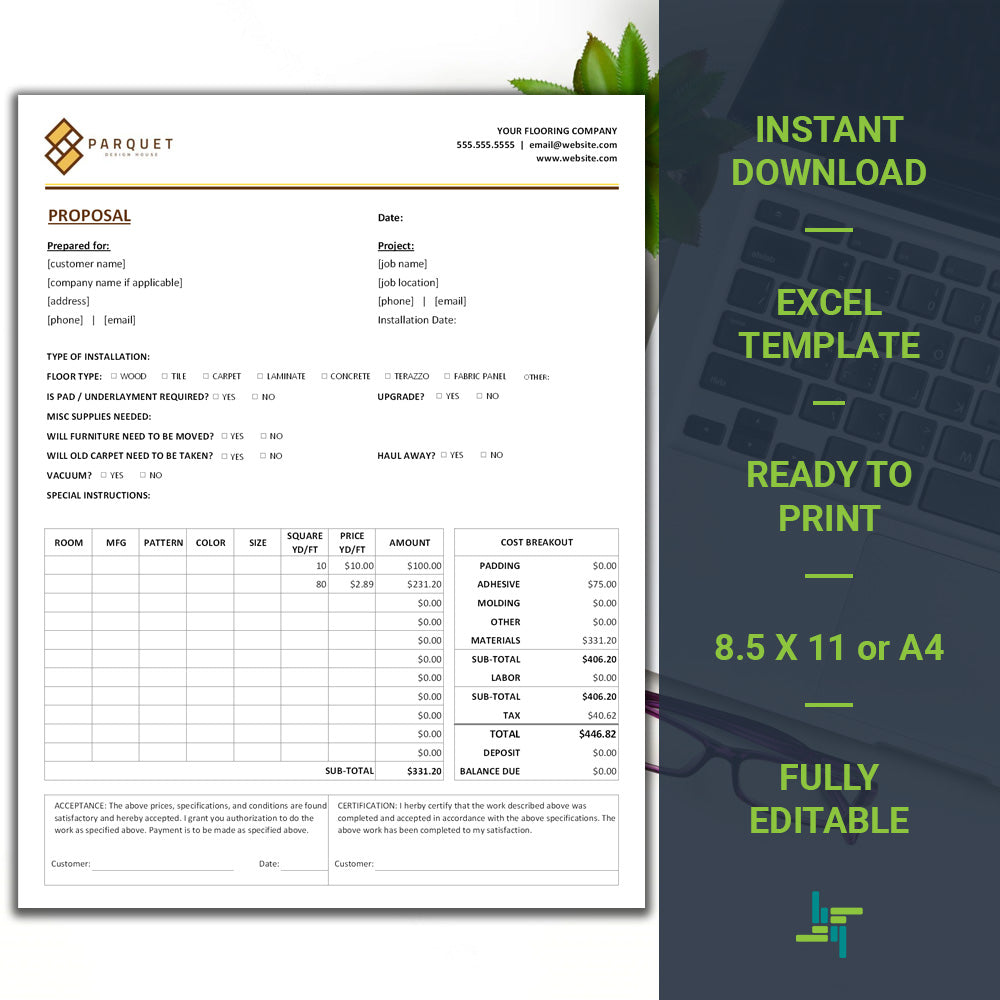 Flooring Estimate Template Design 2 | Flooring Invoice | Excel Template | Flooring Services