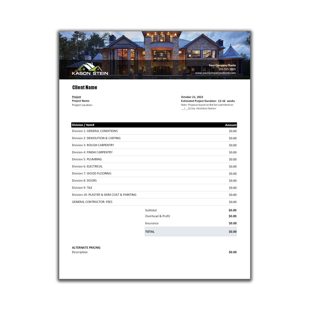 Home Builder Proposal Template Design 2 | General Contractor Proposal Template| Estimate Template | Excel Proposal Template