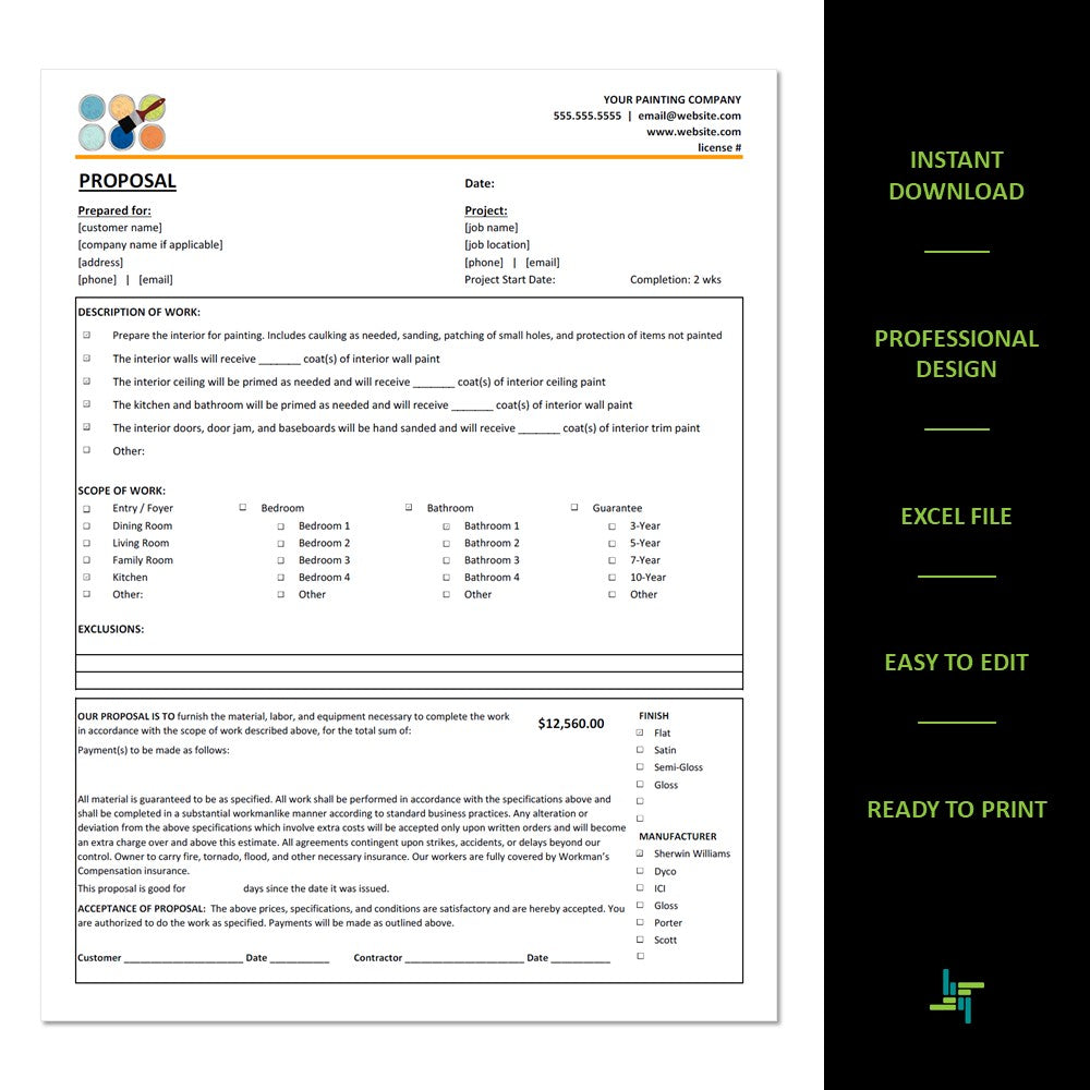 Interior Painting Proposal Design 1 | Interior Painting Estimate | Excel Template | Painting Services
