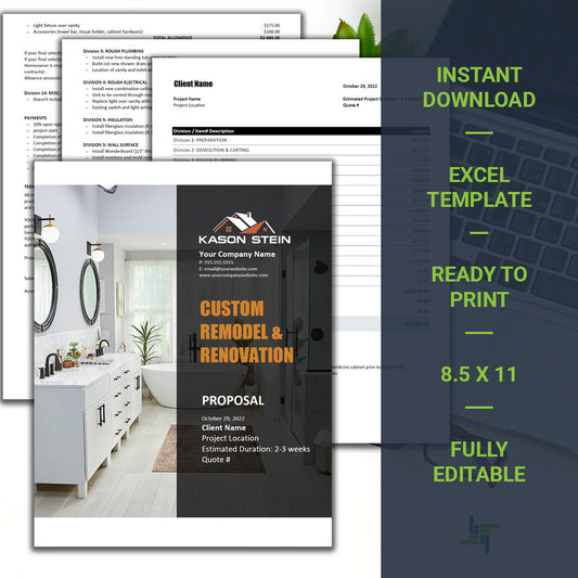 Bathroom Renovation Estimate Template Design 1 | Remodeling Estimate | Excel Template | Invoice Template