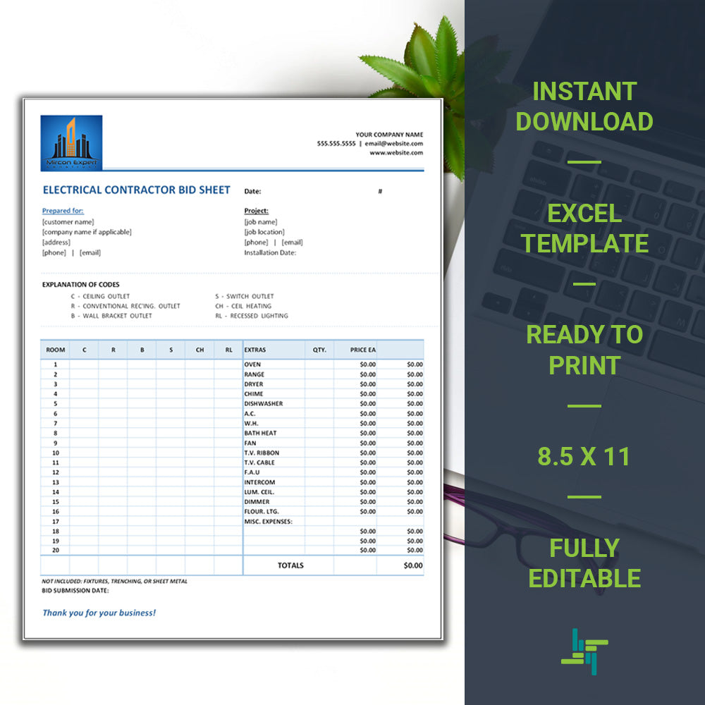 Electrical Bid Sheet Template | Electrical Estimate | Excel Template | Invoice | Electrical Services