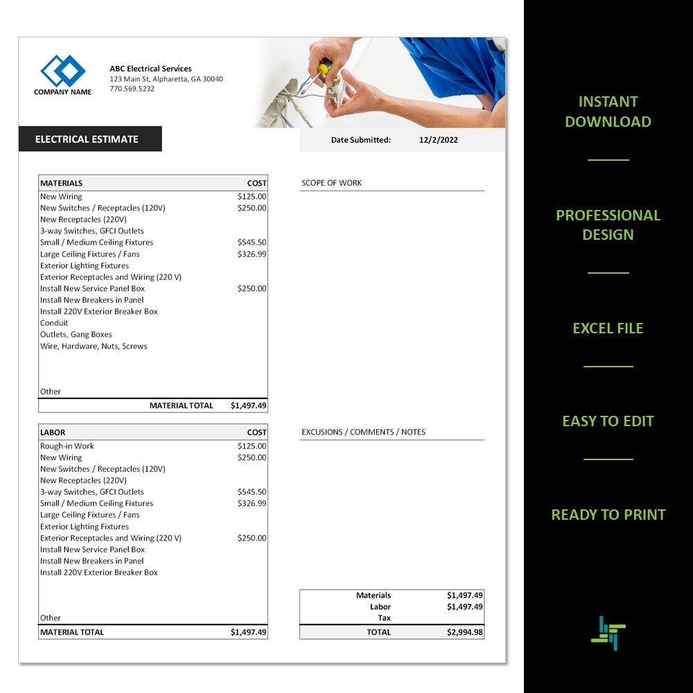 Electrical Estimate Template - Electrical Quote - Electrical Proposal - Electrical Invoice Template - Electrical Service - Excels