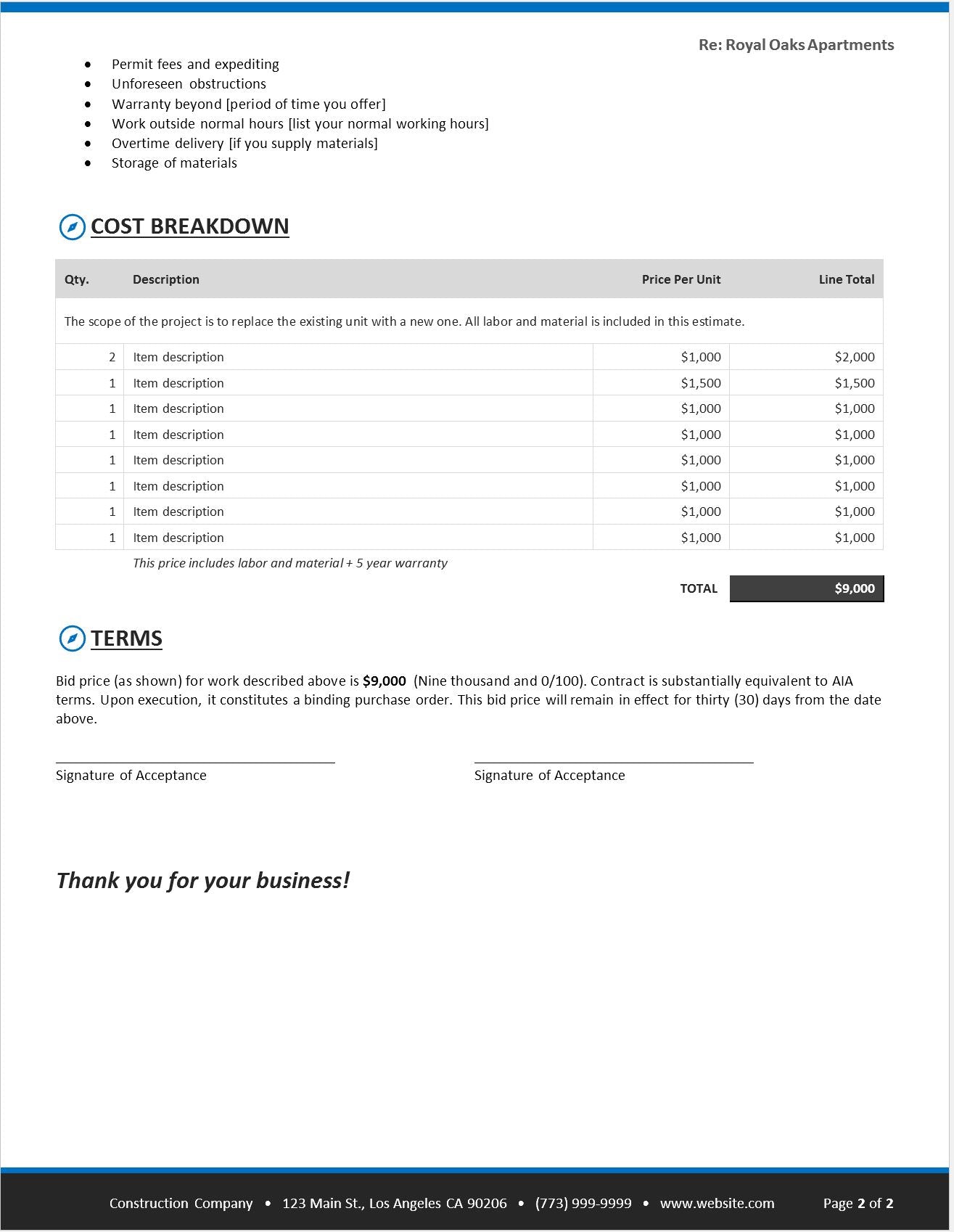 Generic Construction Proposal Template - Construction Estimate Templat ...