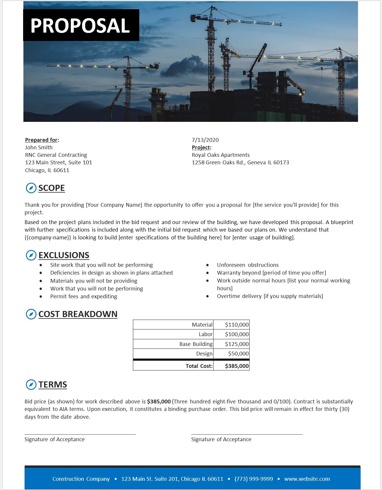 Generic Construction Proposal Template - Construction Estimate Templat ...