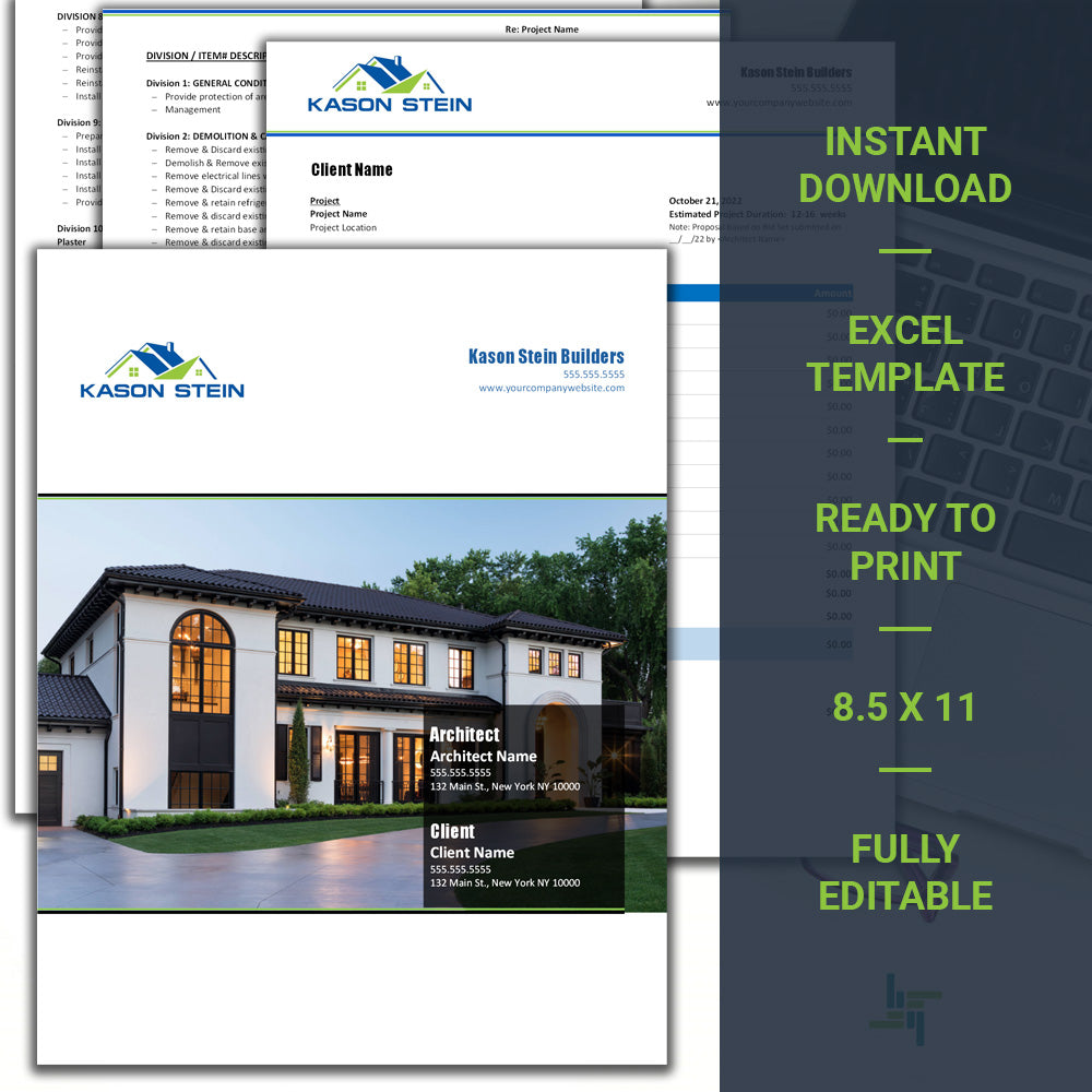 Home Builder Proposal Template Design 1 | General Contractor Proposal Template| Estimate Template | Excel Proposal Template