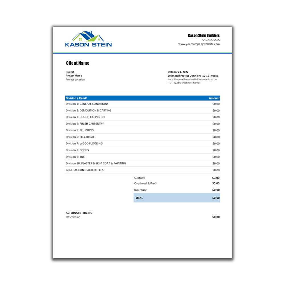 Home Builder Proposal Template Design 1 | General Contractor Proposal Template| Estimate Template | Excel Proposal Template