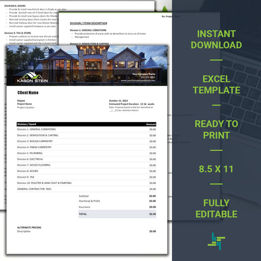 Home Builder Proposal Template Design 2 | General Contractor Proposal Template| Estimate Template | Excel Proposal Template
